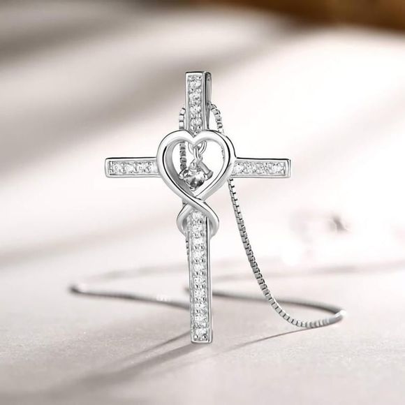 Sterling Silver CZ Heart Cross Faith Necklace 💜✝️ NWOT - Picture 3 of 4